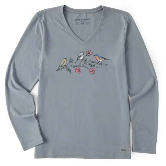 Women's Dreamy Three Birds Long-Sleeve Crusher-LITE Vee - Stone Blue