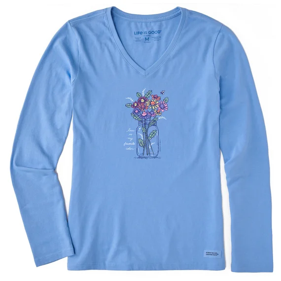 Women's Relaxed Rainbow Love Daisies Long-Sleeve Crusher-LITE Vee - Cornflower Blue