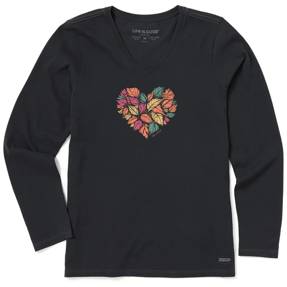 Women's Woodcut Leaf Heart Long-Sleeve Crusher-LITE Vee - Jet Black